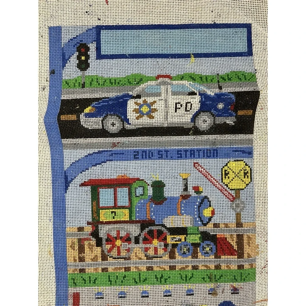 Handpainted Needlepoint Canvas Fire Truck Police Car School Bus Train Airplane
